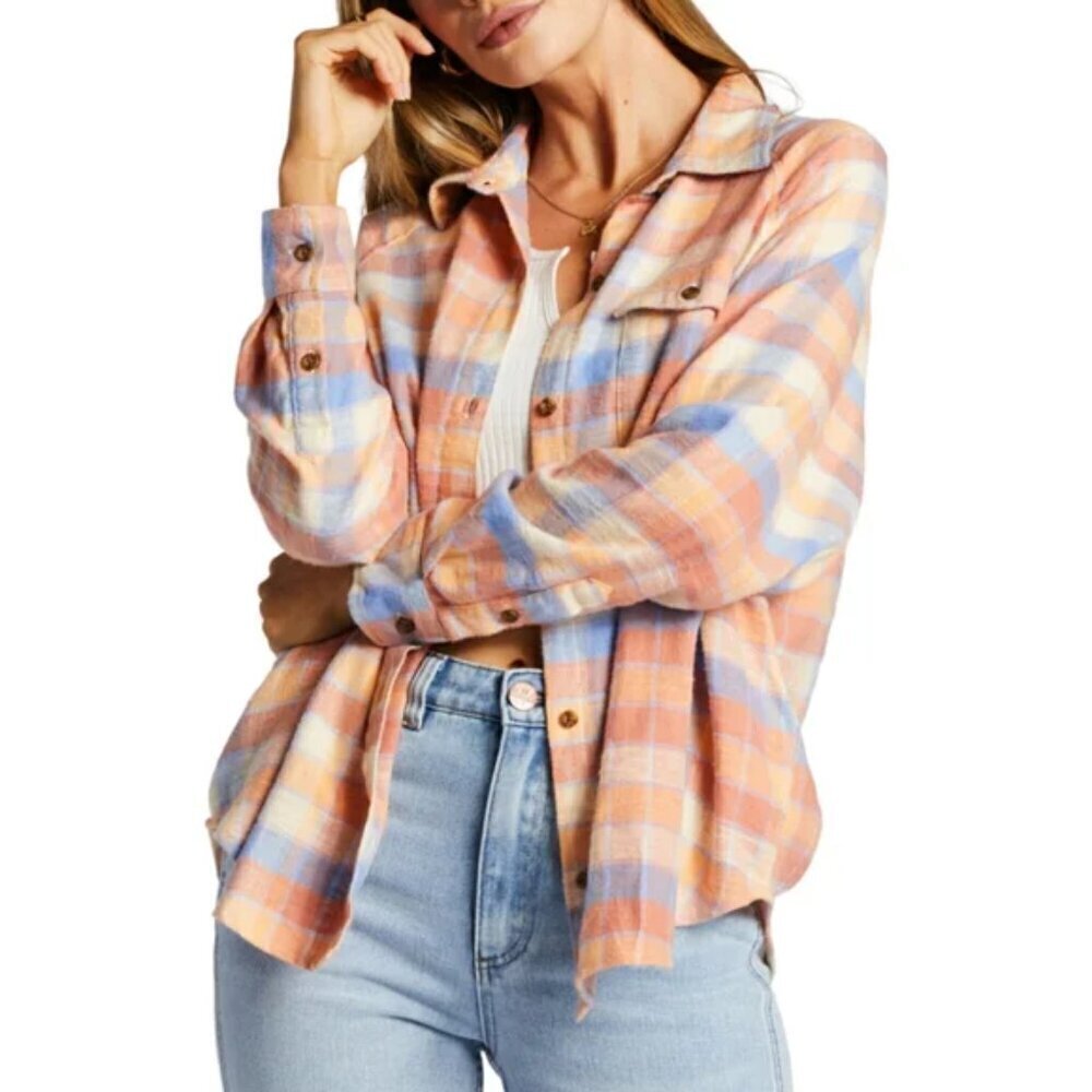 NWT Billabong Best Time Oversized Blue Plaid Button Up Shirt - Picture 3 of 4
